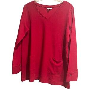 J Jill Women's Tunic Medium Red Cotton Blend Long Sleeve Pockets Soft Casual Top